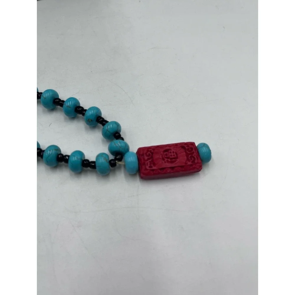 Blue Turquoise Beads and Red Cinnabar‎ Pendant Necklace